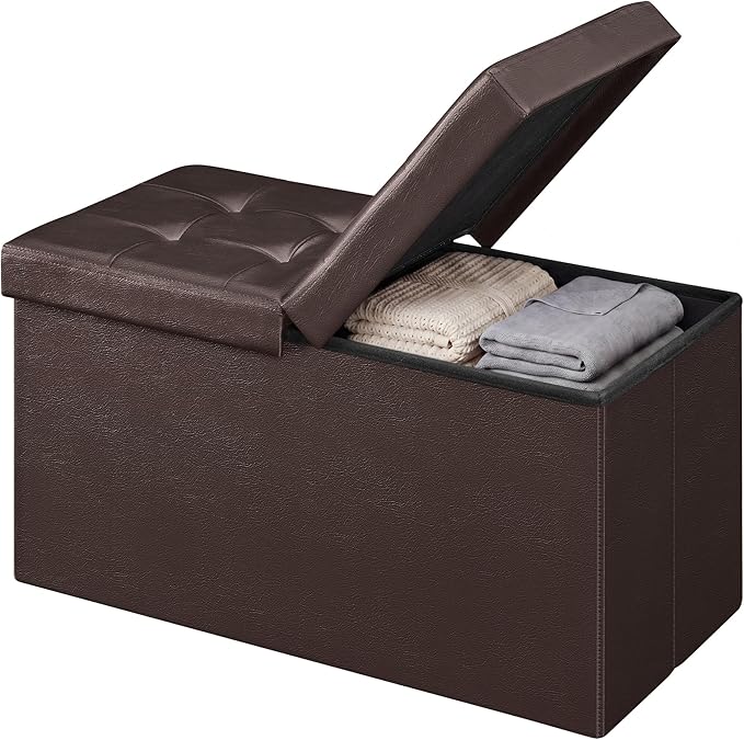 SONGMICS Home Foldable Foot Rest Stool, Storage Ottoman, Tufted Design, PU Leather, Easy Assembly and Cleaning, for Entryway, Living Room, Bedroom, 30.2 Inches, Dark Brown