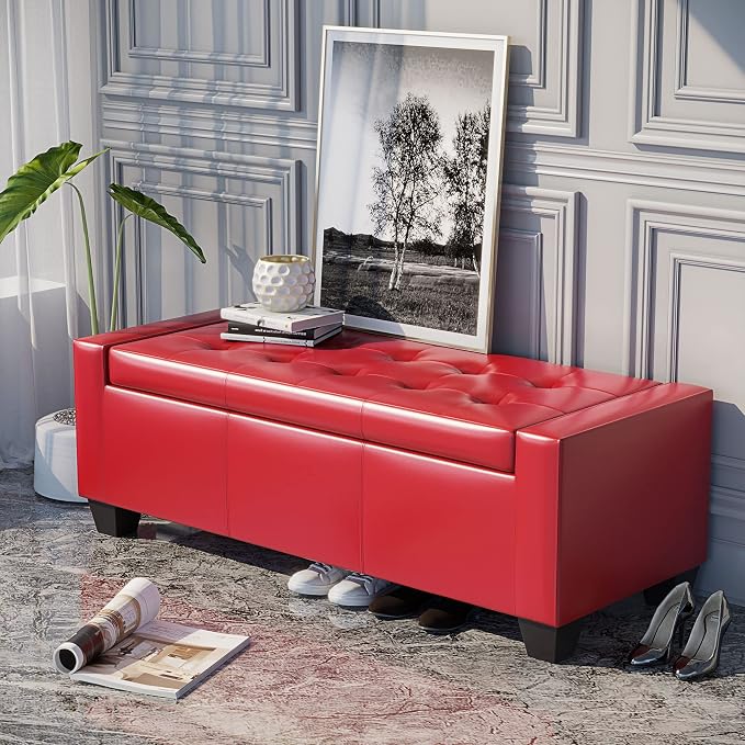 HOMCOM 51" Ottoman with Storage Safty Hinge Upholstered 330 lb Bright Red | Storage Ottoman Bench, Faux Leather Entryway Bench, Seating for Living Room, Bedroom