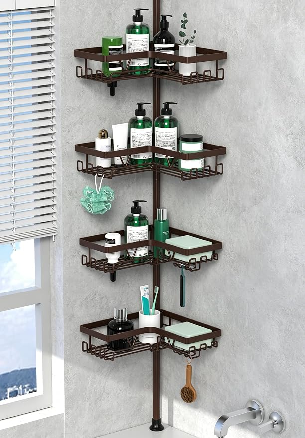 DAOYA Corner Shower Caddy Tension Pole Bronze Tension Rod Shower Organizer | 4-Tier Stainless Steel Showe Shelf, with Soap Holders & Side Hooks, for Bathroom/Tub, Adjustable 25-114inch, Space Saving