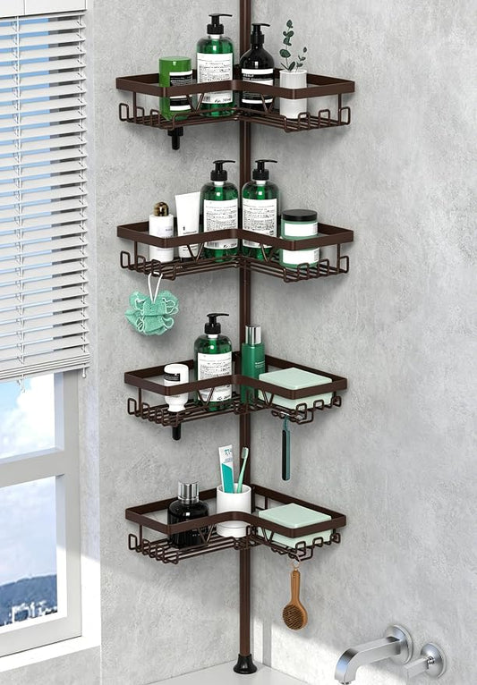 DAOYA Corner Shower Caddy Tension Pole Bronze Tension Rod Shower Organizer | 4-Tier Stainless Steel Showe Shelf, with Soap Holders & Side Hooks, for Bathroom/Tub, Adjustable 25-114inch, Space Saving