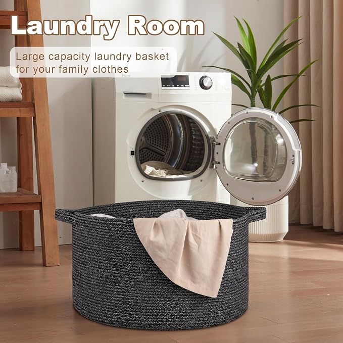 OIASKET Large Woven Baskets for Storage, 22.8" x 22.8" x 13" Blanket Storage Living Room, Baby Toy Basket for Clothes, Pillows, Towels, Shoe Basket for Entryway (Black)