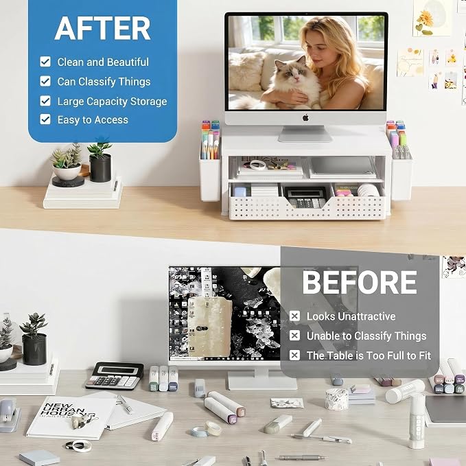 OPNICE Desk Organizers and Accessories, Computer Monitor Stand Riser with Drawer and 2 Pen Holders, Printer & Laptop Stand, Office Desk Accessories & Workspace Organizers for Home Office Supplies, White