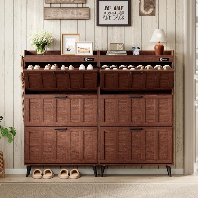 ChooChoo Shoe Storage Cabinet with 3 Flip Drawers and Deodorizer | Shoe Organizer Storage for Entryway, Freestanding Hidden Slim Narrow Shoe Rack Cabinet, Walnut