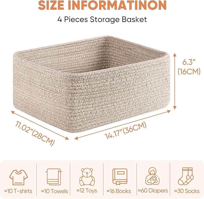 OIASKET 4 Pack Small Storage Shelf Baskets for Organizing, Mini Woven Rope Storage Bins for Towels, Cute Decorative Closet Organizer，Baby Nursery, Gift Empty Baskets -14.17''Lx11.02''Wx6.3''H-White