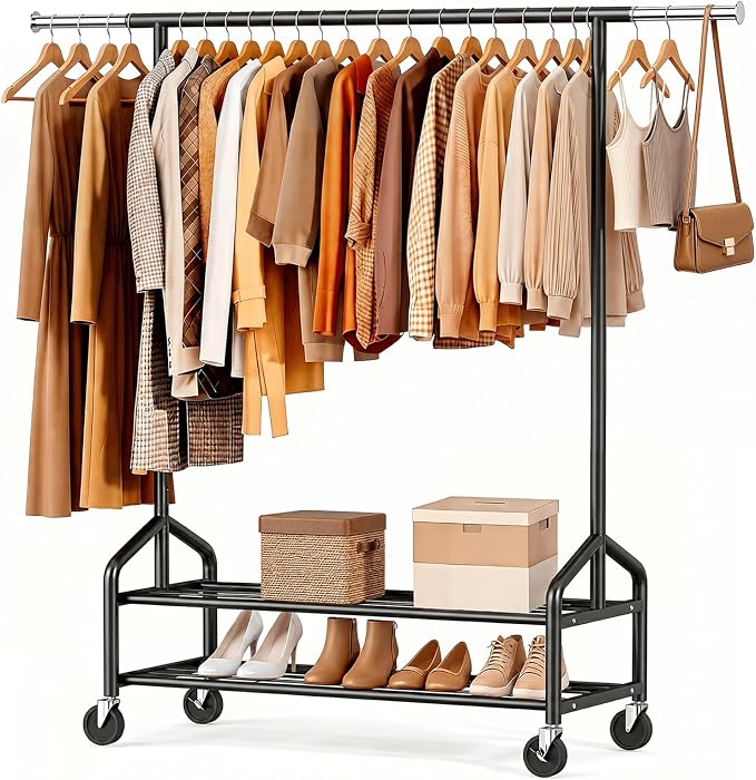 Heavy Duty Clothes Rack, Rolling Clothing Rack Load 650 LBS for Hanging Clothes with 2 Sturdy Shelves, Metal Garment Rack with Wheels for Bedroom, Laundry Room, Retail Store, Black, Large