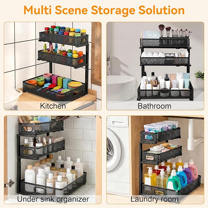 3 Tier Adjustable Under Sink Organizer for Bathroom & Kitchen(2Pack, Black) | 35% More Storage, 5 Adjustable Heights, Sliding Pull Out,No Sliding, Heavy-Duty Steel Frame, Multi-Purpose Cabinet Organizer
