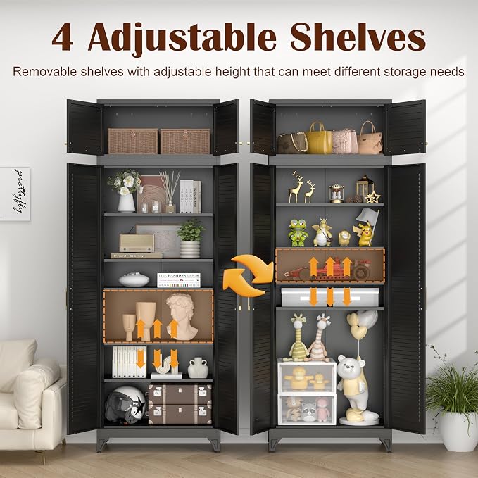 SteeLoong 90" Metal Storage Cabinet with Doors and 5 Adjustable Shelves | Kitchen Pantry Cabinet,Black Tall Freestanding Cupboard with Gold Handle,Steel Garage Cabinets for Tool,Office,Kitchen,School