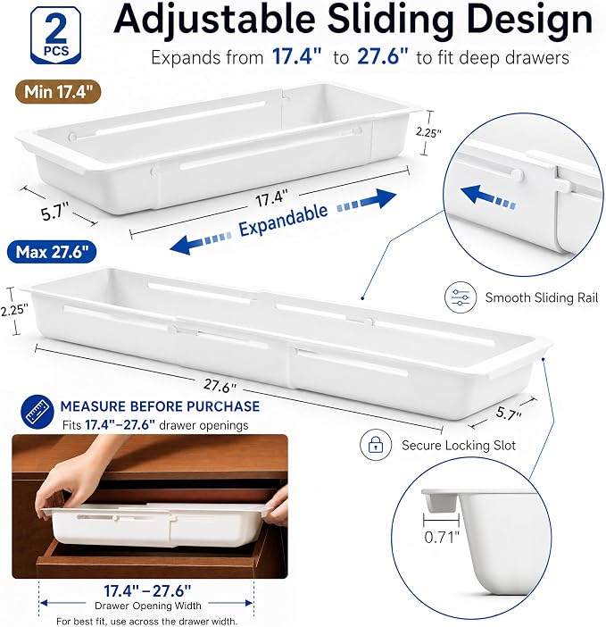 2-Pack Expandable Drawer Organizer for Deep Drawers, Adjustable 17–27 in Storage Tray, Durable PP Smooth Glide Divider for Kitchen, Vanity & Office, Space-Saving Design