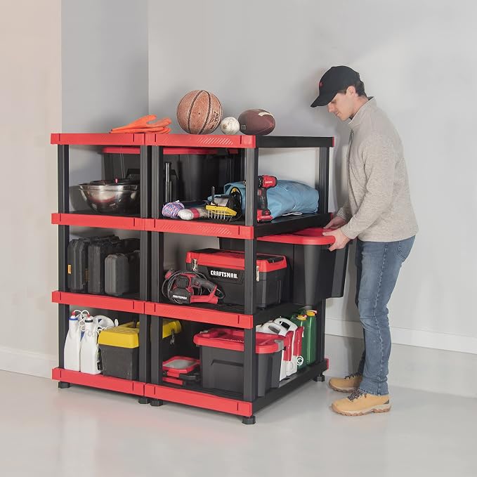 CX Craftsman 4-Tier Heavy Duty Plastic Storage Shelves, Garage Organization | 4-tier storage rack organizes garages, workshops & basements, 200 lb/shelf, 55H x 40W x 24D, easy assembly, black/red
