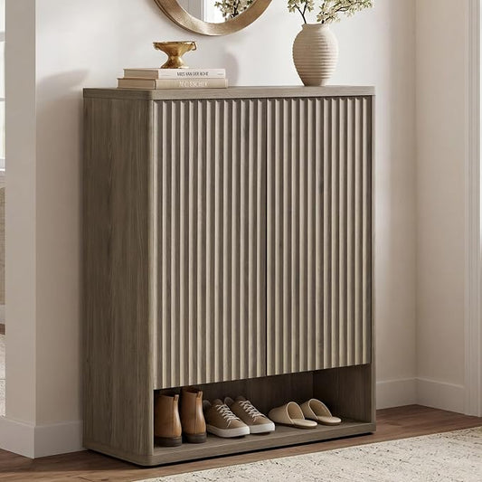 SICOTAS Shoe Cabinet 44 inch Tall Fluted Shoe Cabinet with Doors & 4 Shelves Wooden Large Hidden Shoe Storage Organizer Modern Free Standing 6-Tier Cabinet for Entryway Living Room Closet