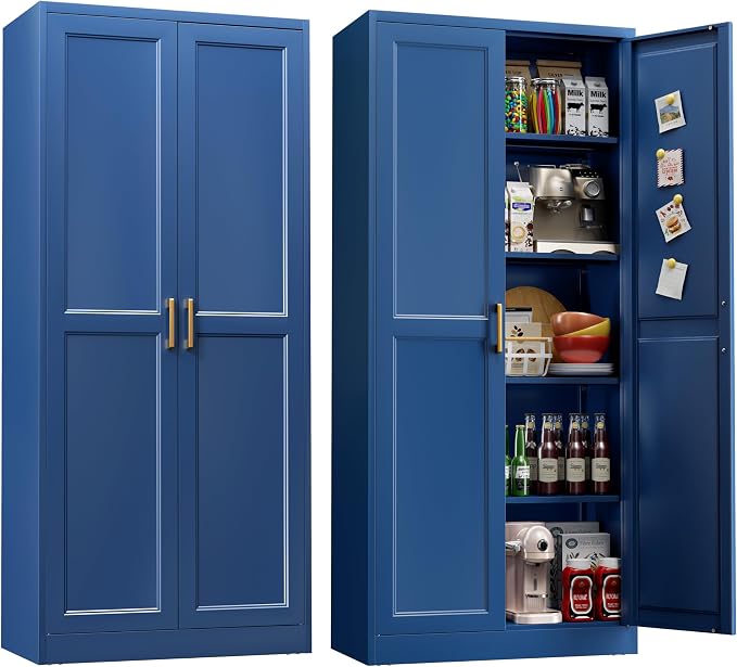 UNICOLY 71" Kitchen Pantry Cabinet, Metal Pantry Storage Cabinet with Doors | Tall Storage Cabinet with 4 Shelves, Storage Cabinets for Kitchens, Living Room, Dinning Room, Assembly Required，Blue