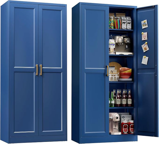 UNICOLY 71" Kitchen Pantry Cabinet, Metal Pantry Storage Cabinet with Doors | Tall Storage Cabinet with 4 Shelves, Storage Cabinets for Kitchens, Living Room, Dinning Room, Assembly Required，Blue