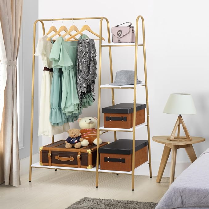 Finnhomy Clothes Rack, Clothing Rack for Hanging Clothes Heavy Duty Garment Rack with 5 Wood Shelves Freestanding Portable Closet Organizer for Bedroom/Entryway/Boutiques，Gold