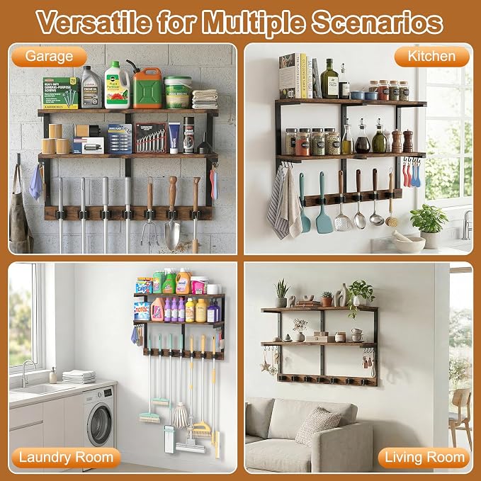 Housolution Wall Mount Broom Holder Laundry Room Storage Organizer Shelves | 2 Tier Large Capacity, Thickened Metal Frame, 100 LBS High Load-Bearing, Multifunctional with 7 Grippers & 8 Hooks