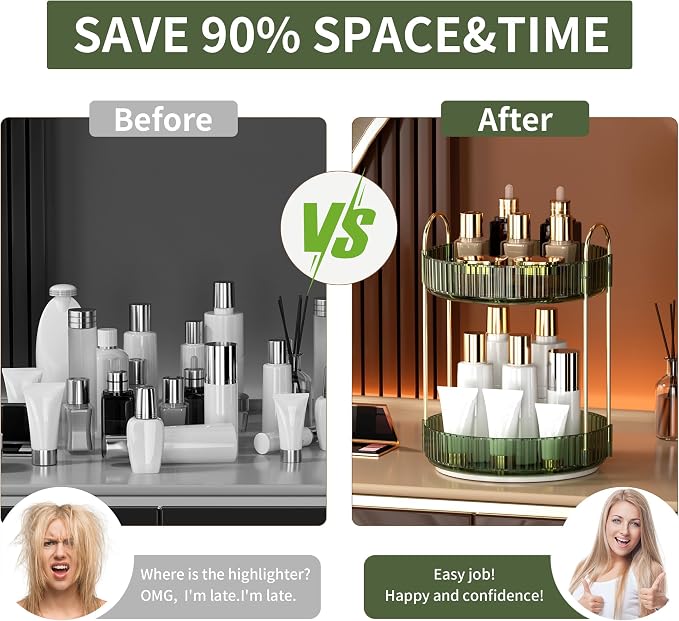 YCIA&DONE 360 Rotating Makeup Organizer and Storage for Vanity Countertop 2 Tiers, High Capacity Cosmetic Skincare Perfume Organizers for Dresser Bathroom Lazy Susan (Vintage Green)