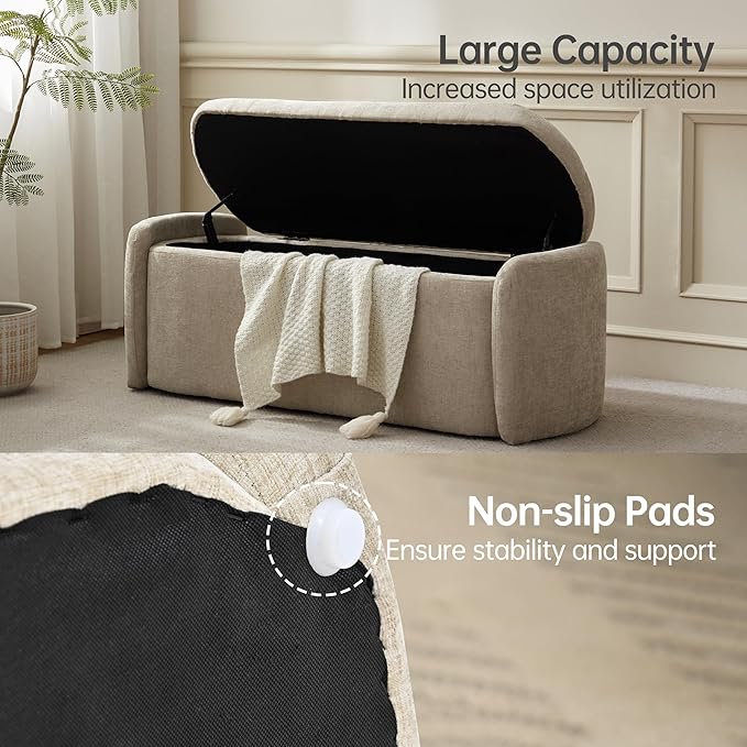 VKNOW Storage Bench, Upholstered Storage Ottoman Bench with Hinge, Khaki | Ottoman Bench with Large Capacity, Curved Frame, Soft Fabric, Storage Bench for Bedroom, Living Room, Entryway, Window
