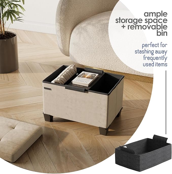 Storage Ottoman Cube with Small Bin, 16-in Square Ottoman with Storage for Living Room and Bedroom, Small Ottomans Foot Rest, Velvet Foot Stools Ottomans Max 330lbs, Beige