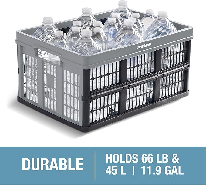 CleverMade Collapsible Utility Crates - Red 1pck 45L / 11 Gal holds 66 lbs - Stackable Containers Heavy Duty Capacity Crates Space-Saving Baskets