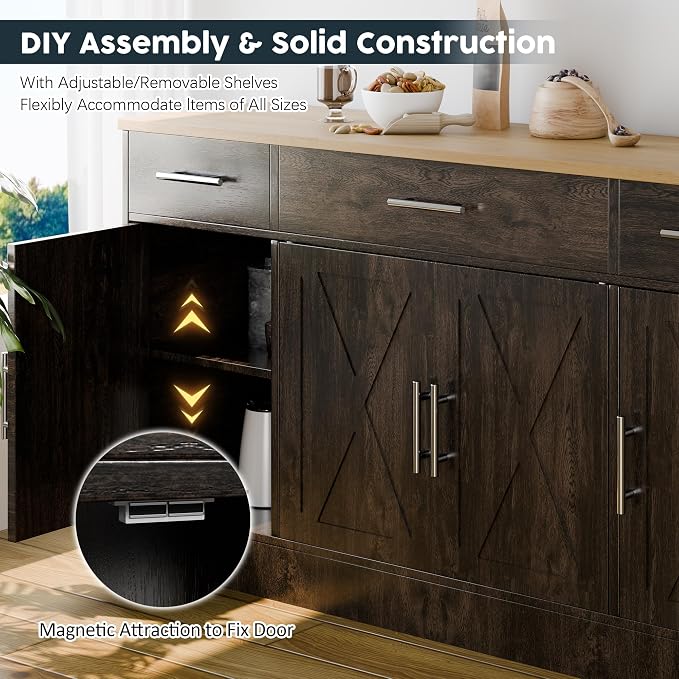 Kitchen Buffet Sideboard Cabinet, Farmhouse Storage Cabinet with 4 Doors and 3 Drawers, Wooden Base Cabinet with Adjustable Shelf for Living Room, Brown