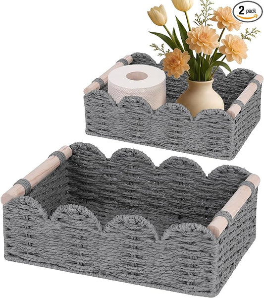 iEGrow Paper Rope Small Storage Baskets for Organizing, Set of 2 Scalloped Edge Wicker Basket with Wooden Handles Toilet Paper Basket for Over Toilet Storage Shelf, Home Decor, Living Room (Grey)