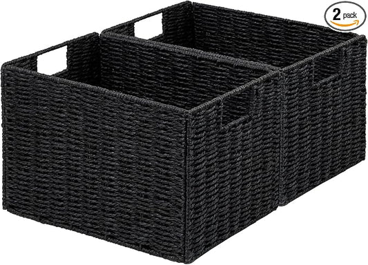 Vagusicc Wicker Storage Basket, Set of 2 Hand-Woven Paper Rope Wicker Basket, Small Storage Baskets for Organizing Toilet Paper Basket, Foldable Large Cube Storage Organizer Bins for Shelves (Black)