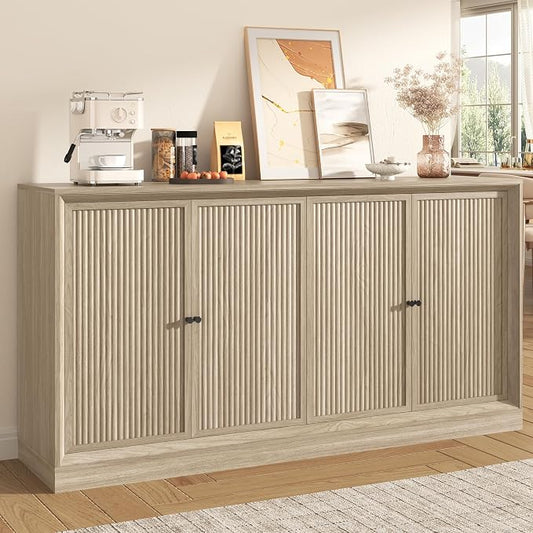 Hlivelood 63” Fluted Sideboard Buffet Cabinet with Storage, Mid Century Modern Wooden Credenza with 4 Doors & Adjustable Shelves, Beveled Edge Storage Cabinet for Kitchen, Living Room (Natural Oak)