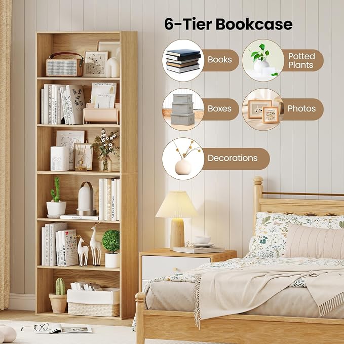 Giantex 6-Tier Bookcase Set of 2, 70" Tall Wooden Bookshelf, Freestanding Storage Organizer w/Open Shelves, Anti-Tipping Kits, Modern Floor Standing Display Shelves for Living Room,Natural