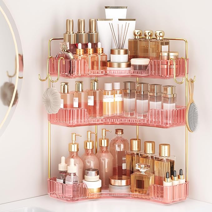 Corner Bathroom Counter Organizer 3-Tier Bathroom Organizer | Storage Countertop with Hooks Perfume Organizers Storage Shelf for Makeup & Skincare Dresser-Pink