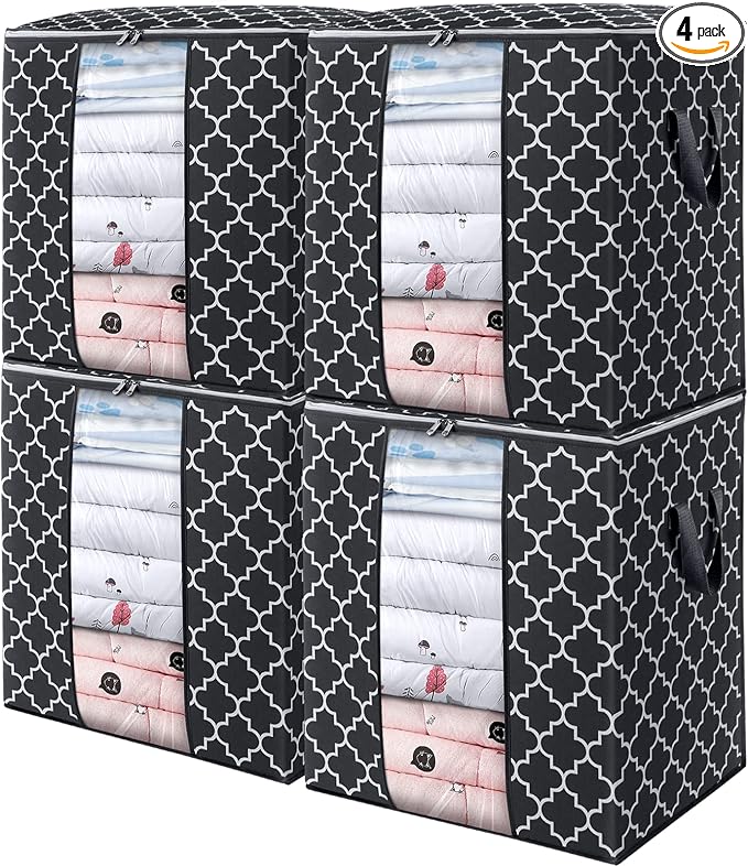 WISELIFE Storage Bags 4 Pack/100L Large Blanket Clothes Organization and Storage Containers for Comforters,Bedding, Foldable Organizer with Reinforced Handle, Clear Window, Sturdy Zippers,Black