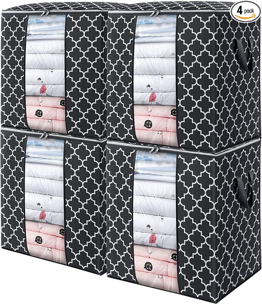 WISELIFE Storage Bags 4 Pack/100L Large Blanket Clothes Organization and Storage Containers for Comforters,Bedding, Foldable Organizer with Reinforced Handle, Clear Window, Sturdy Zippers,Black