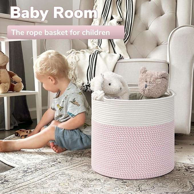 Goodpick Woven Rope Blanket Basket Living Room, 40L, Pink | Small Laundry Basket for Organizing Baby Clothes, Blankets & Pillows, Great for Bedroom Nursery Home Décor, Pink