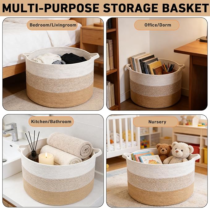 115L Large Blanket Basket,Rope Woven Laundry Basket-Yellow | Collapsible, reinforced handles, nursery storage bin organizes clothes, toys and pillows for living room, bedroom bathroom
