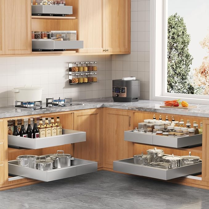 Seinloes 4Pack Expandable Pull Out Cabinet Organizer 21" Deep with Raising Pad for Framed Cabinets,Slide Out Drawers with 4pcs Divider Racks,Roll Out Shelves,Adjustable Width 12.05"-20.4" Silver