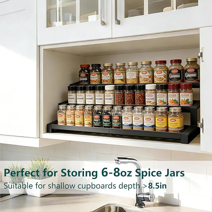 bealy Expandable 3-Tier Spice Rack Organizer for Cabinet, Adjustable Length 16“-29” Spice Shelf, Metal Spice Organization for Cabinet Countertop Pantry, Slip-Resistant Design for Jars and Bottles