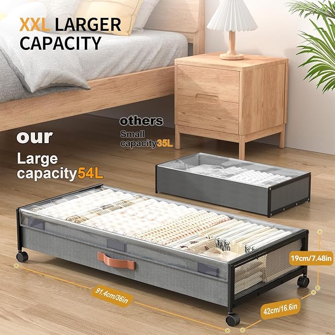Under Bed Storage Containers with Wheels Large Underbed Shoes Blankets Clothes Toy Storage Drawers for College Dorms Bedrooms Nursery Rooms Organization (Grey 2 Pack, 7.5in height(36"x16.6"x7.48"))