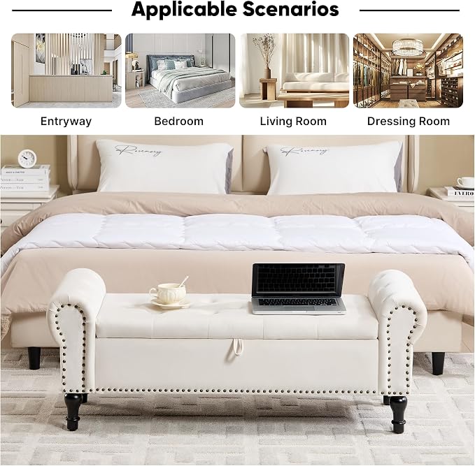 Storage Bench for Bedroom, 51" Upholstered End of Bed Bench, Velvet Queen Size Benches with Rolled Arms, Tufted Button Storage Long Ottoman, Living Room, Entryway, Beige