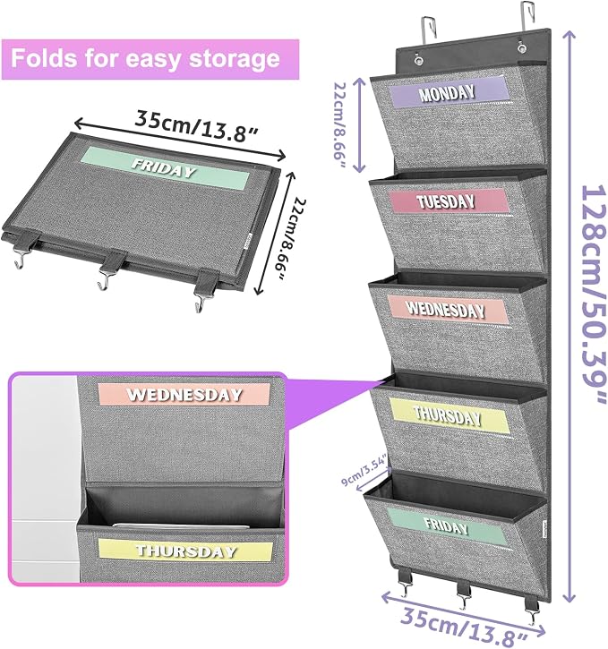 Over the Door hanging File Organizer, Weekly Hanging File Folders, Wall Organizers and Storage for Mail, Magazine, Notebooks, Office, Classroom, 5 Large Pockets, 50.39” Tall, Grey
