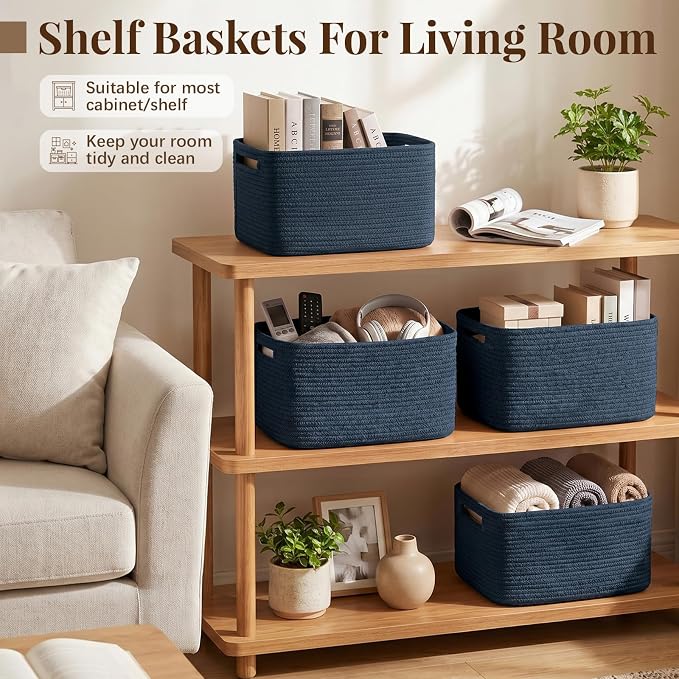 OIASKET 4Packs Natural Cotton Rope Storage Baskets for Organizing Toys, Clothes, Towels & Books, Soft Versatile Organizers for Shelves, Home Decorative Bins, 13''Lx9''Wx7.8''H, Blue
