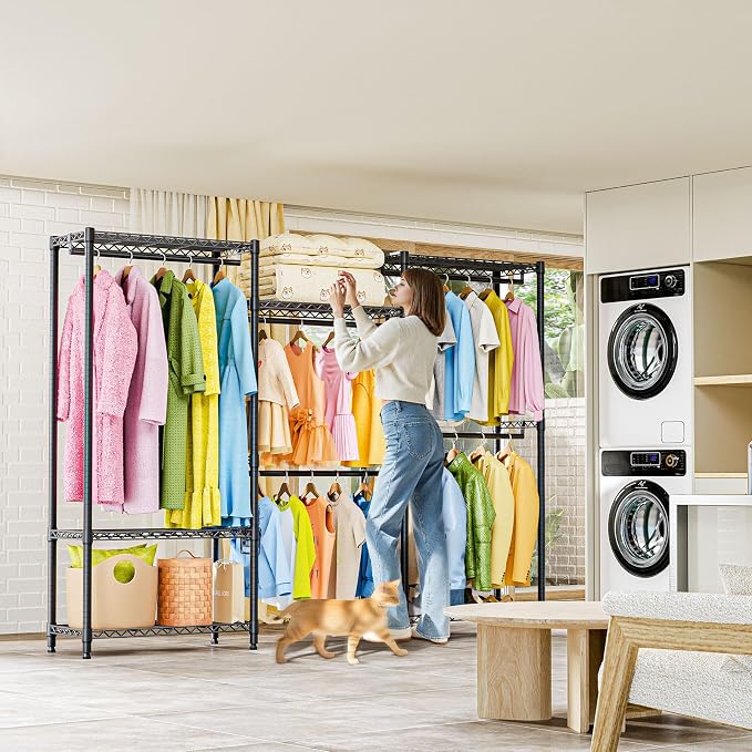 M MZG Heavy Duty Rolling Garment Rack 6 Tiers Adjustable Wire Shelving Clothes Rack with Rods Storage Closet Clothing Rack Black 15.7" D x 70.8" W x 76.5" H