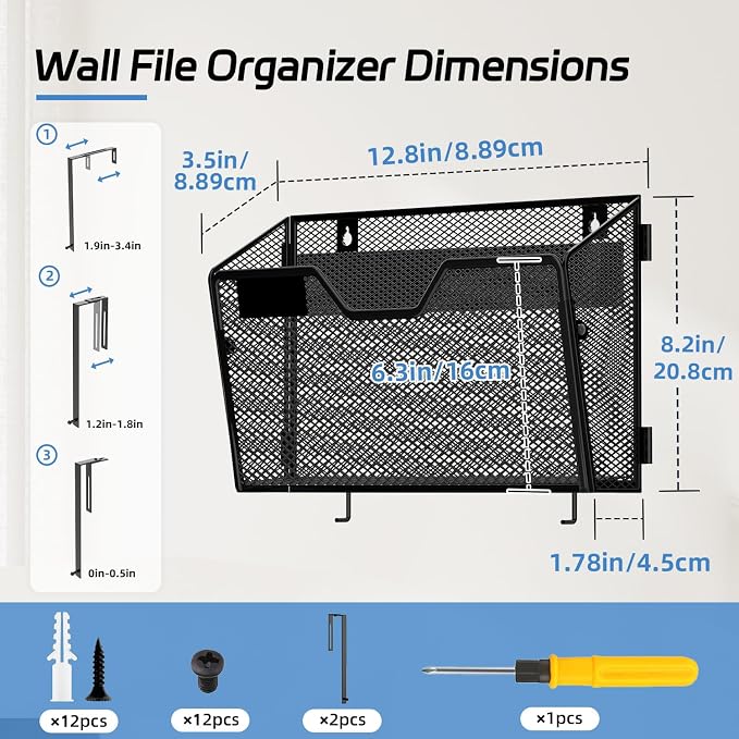 Wall File Organizer, 6 Pack Metal Wall File Holders, Black | Wall organizer with mesh pockets, label panels and hook or screw mounting for A4 and letter files at home, office or school