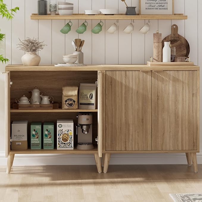 Homleke Fluted Buffet Cabinet with Storage, Modern Sideboard Cabinet | Double Doors, Adjustable Shelf, Accent Buffet Table for Kitchen, Dining Room, Living Room, Entryway & Hallway, Natural