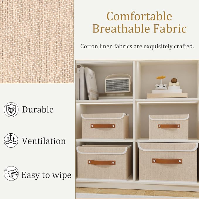 OUTBROS Fabric Storage Bins, Beige, 5 Pack 10.2 x 7.9 x 6.7 in | Storage Boxes with Flip-Top Lid and Handles, Cube Organizers for Organizing Home,Office,and Closet