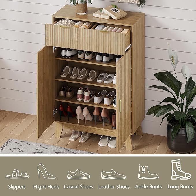 HUANLEGO Shoe Cabinet Storage for Entryway with Doors, Oak | 4 Tier Fluted Shoe Organizer with 2 Drawers, Shoe Storage with Adjustable Shelves, Freestanding Hidden Shoe Rack for Entryway