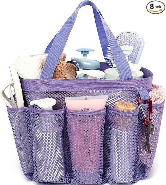 Fammart Mesh Shower Caddy Portable for College Dorm Room Essentials, Odorless Polyester Large Shower Tote Bag with Dual Handles, 8-Pocket Quick-Dry Toiletry Organizer for Travel, Beach, Camping, Gym