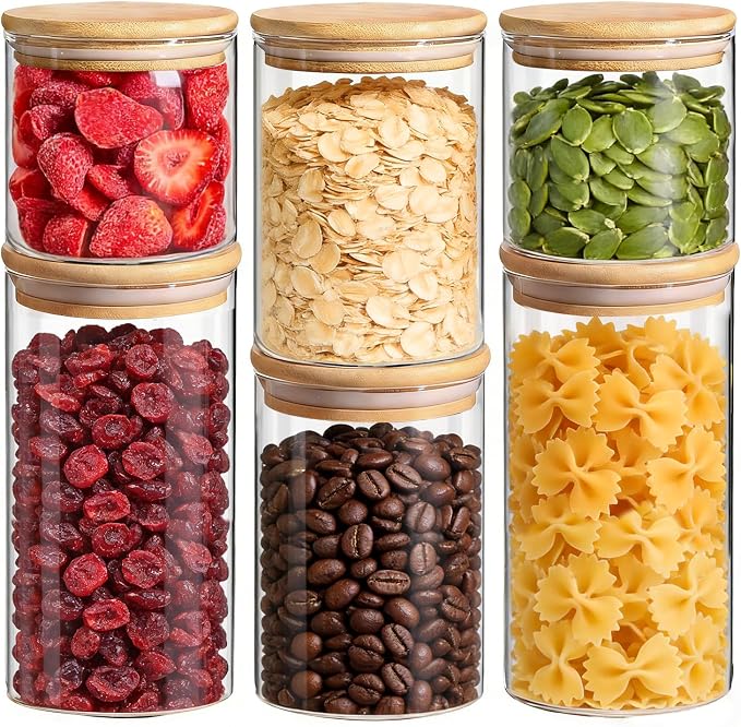 ComSaf Glass Storage Containers with Lids, Set of 6 Jars (0.6Qt/1Qt/1.5Qt) | Glass Pantry Storage Containers, Pantry Organization, BPA Free, Kitchen Canisters, Dry Food Flour Cereal Sugar Tea Coffee