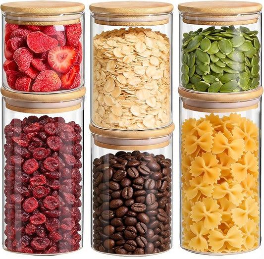 ComSaf Glass Storage Containers with Lids, Set of 6 Jars (0.6Qt/1Qt/1.5Qt) | Glass Pantry Storage Containers, Pantry Organization, BPA Free, Kitchen Canisters, Dry Food Flour Cereal Sugar Tea Coffee