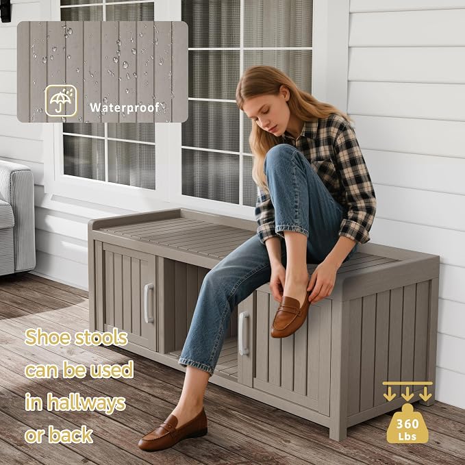 Storage Bench - Waterproof Resin Shoe Bench with Adjustable Shelves - Indoor & Outdoor Use, 2 Doors Entryway Bench with Hidden Storage Space - Storage Cabinet for Bedroom, Hallway, Grey