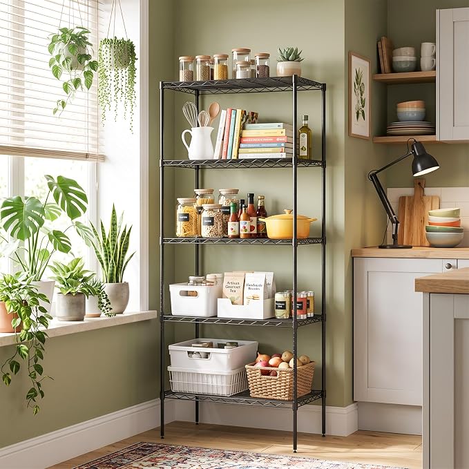 BestOffice | 5-Tier Wire Shelf | 14" x 24" x 60" | Black | Storage Shelves with Adjustable Racks, Holds upto 750 lbs | Rust-Resistant, No-Tool Assembly | For Home, Garage