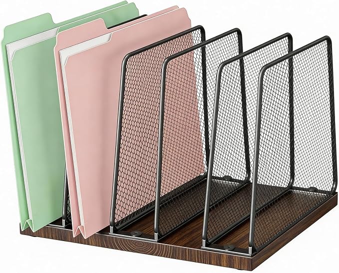 AUPSEN 5-Section File Organizer for Desk, Wood Mesh Desktop File Organizer, File Sorter Storage Rack, Vertical Folder Holder for Files, Magazines, Books (Brown)