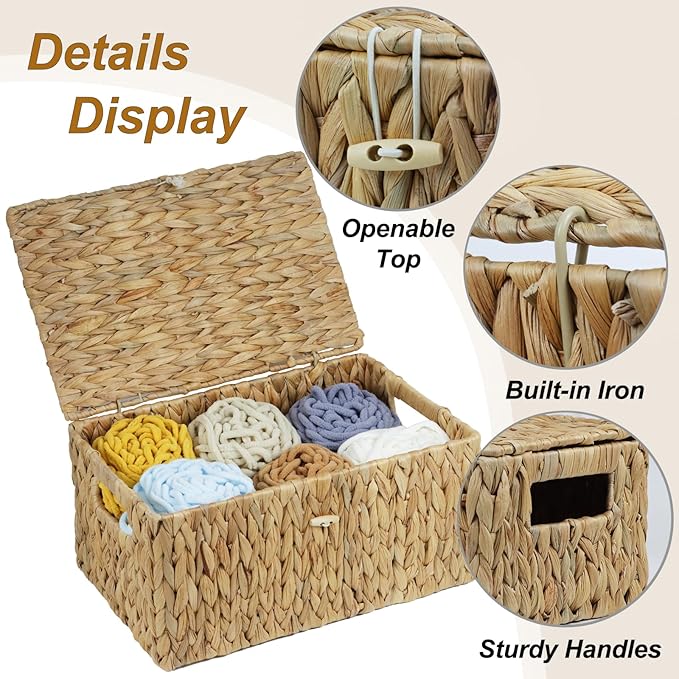 ORDELITE Water Hyacinth Wicker Storage Basket with Lid, Large | Rectangular Storage Box, Shelf Organizer Bin, Woven Home Storage, Multipurpose Design, Natural Decor